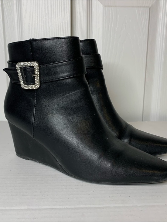 Jones New York Shoes - Jones NY Dellon Black Wedge Ankle Boots with Rhinestone Buckle